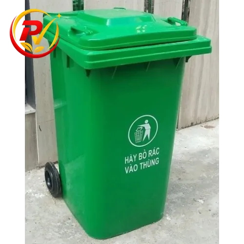 Thùng rác nhựa 240L màu xanh lá, có bánh xe và nắp đậy